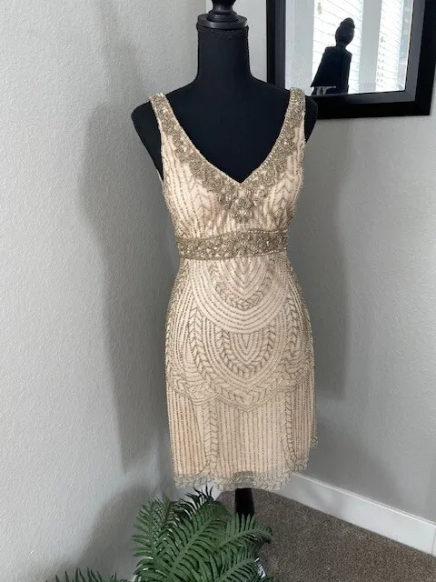 NWT SUE WONG Nocturne Champagne Beaded Cocktail Gatsby Flapper Cocktail Dress 6