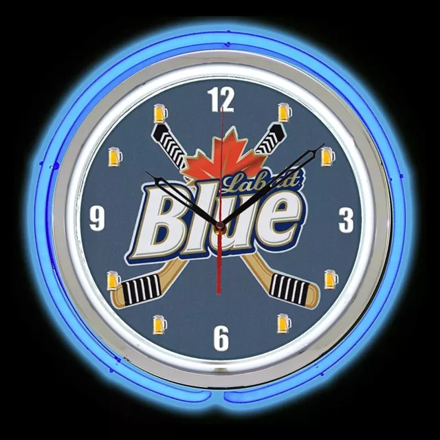 15" Labatt Blue Hockey Beer Blue Double Neon Clock Chrome Finish Man Cave Bar