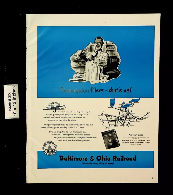 1949 Baltimore & Ohio Railroad Prescription Fillers Vintage Print Ad 27036