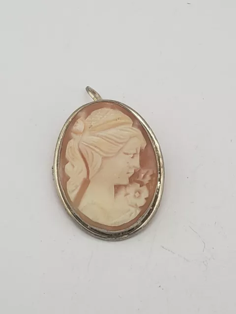 Vintage 800 Silver And Carved Shell Cameo Portrait Pin Brooch Pendant