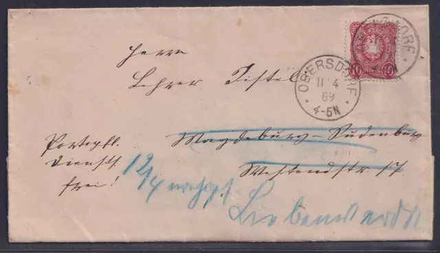 57306) OBERSDORF neuer Postort OPD Halle 1889 Brief mit Weiterleitung Magdeburg
