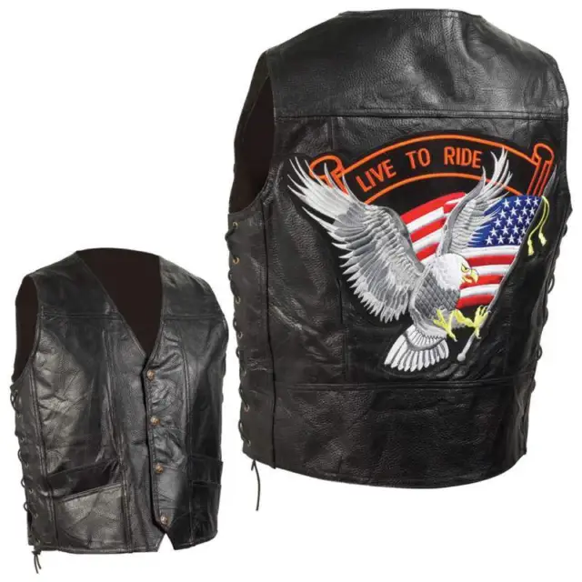 Men's Pebble Grain Leather Motorcycle Biker Vest w/ Live to Ride Eagle USA Patch