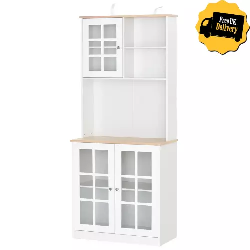 Tall Kitchen Cabinet Wooden Cupboard Pantry Storage w/ Display Shelves White/Oak