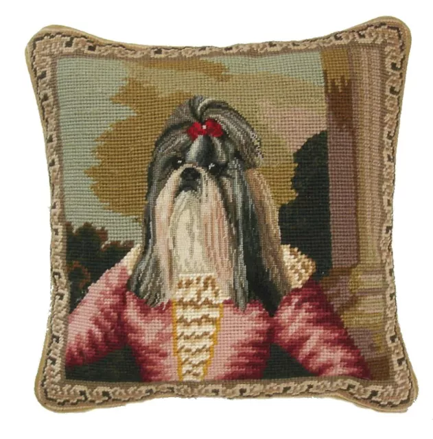 Wool Needlepoint Petit Point Shih Tzu Dog Throw Pillow Cushion 12x12 Handmade