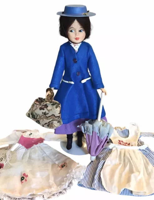 Vintage 1960's Horsman Mary Poppins Doll 3 Outfits Carpetbag Umbrella See Photos