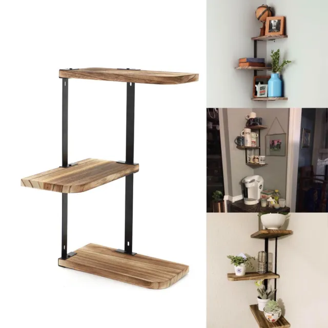 Rustic Wood Corner Shelf Home Display Storage Rack Wall Floating Shelf 3 Tier