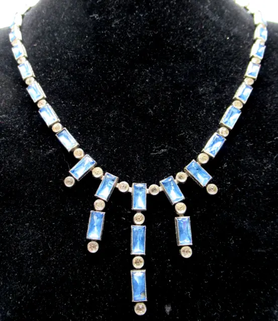 Beautiful Art Deco Blue & Ice Baguette Rhinestone Antique Necklace