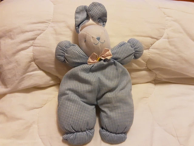 Doudou Peluche Lapin Grelot Blanc Bleu Vichy Carreaux Tissu Ttbe