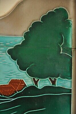 4 Pc Vintage Wooden Framed Natural Lake Scenery Design Ceramic Tiles,Japan 3
