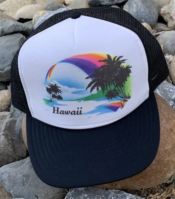 Vintage Hawaii Snap Back Trucker Hat Cap Palm Trees Rainbow San Sun One Size