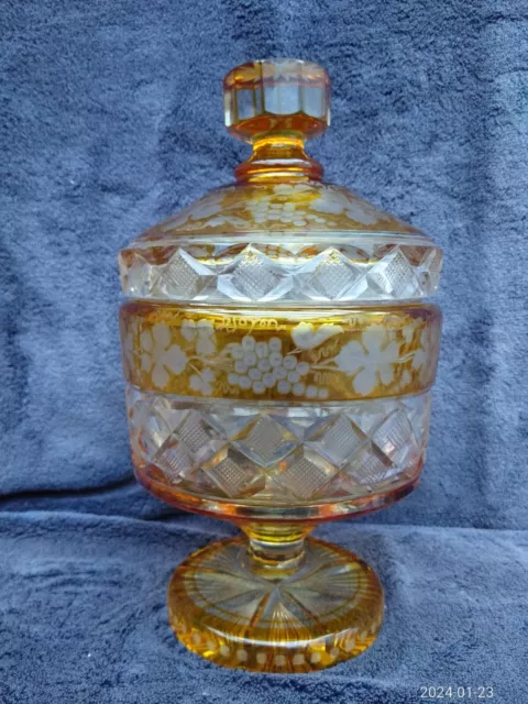 Antique Czech Bohemian Moser ? Cut to Clear Vine Amber Glass Lidded Vase Pot