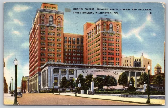 Postcard Rodney Square, Public Library, Trust Bldg. Wilmington, Delaware T115