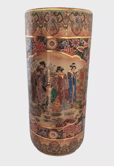 Vintage Satsuma Hand Painted 18" Geisha Girls Floral Umbrella/Cane/Vase Stand