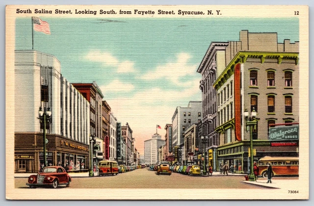 Syracuse New York~Downtown South Salina St~Walgreen~Woolworth Co~1940s Linen PC