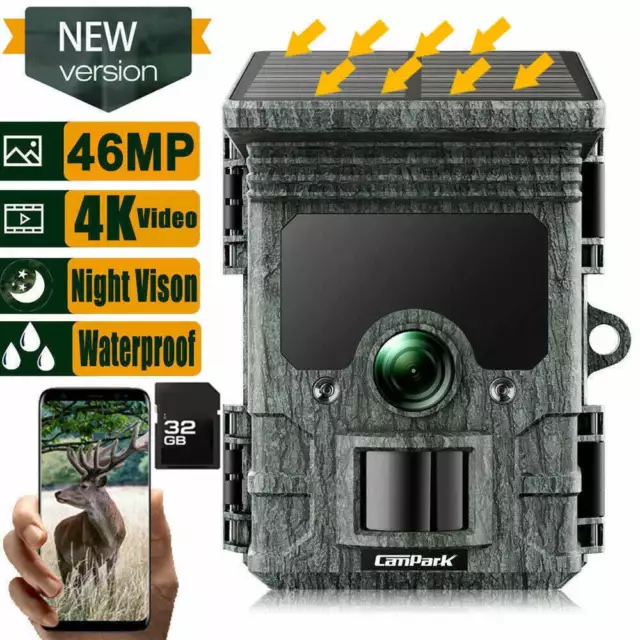 Solar WiFi Bluetooth 4K UHD Trail Camera 46MP Hunting Game Wildlife Night Vision