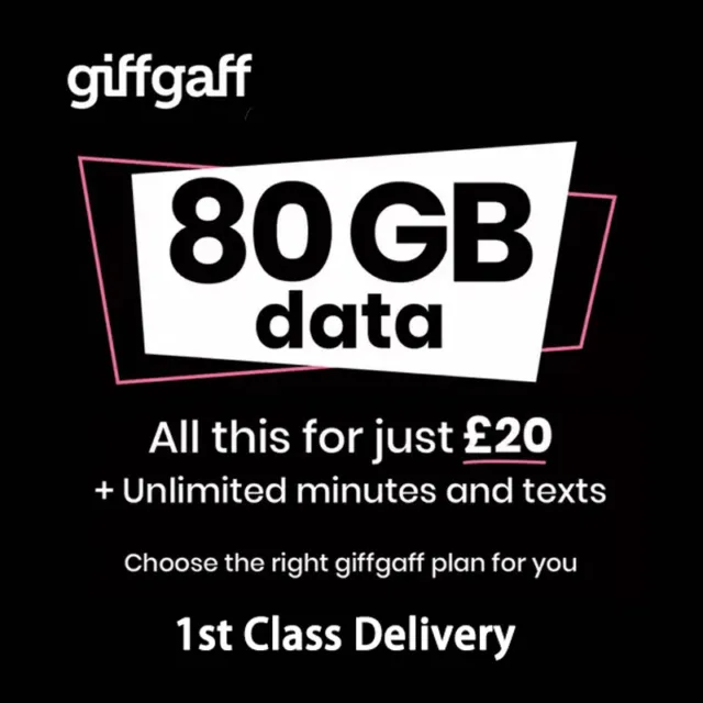 80GB giffgaff£20 Plan 30 days with unltd call&text, 5GB Roaming after UK usage