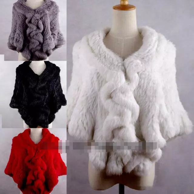 Winter Womens Real Knitted Rabbit Fur Stole Cape Poncho Shawl Wedding Scarf