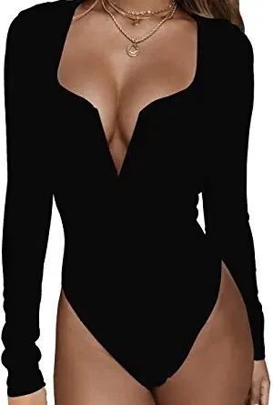 HERMOCO Womens Low Cut Bodysuit  Leotards Deep V Neck Long Sleeve Body Suits