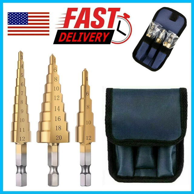 3pcs Titanium Drill Bits Set Step Cone Hole Cutter HSS Large Tools + Pouch