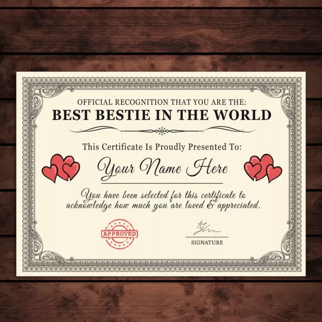 Personalised 'Best Bestie In The World' Certificates Gift/Print