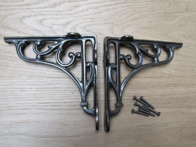 5" PAIR OF ANTIQUE IRON cast Victorian scroll ornate shelf support wall brackets