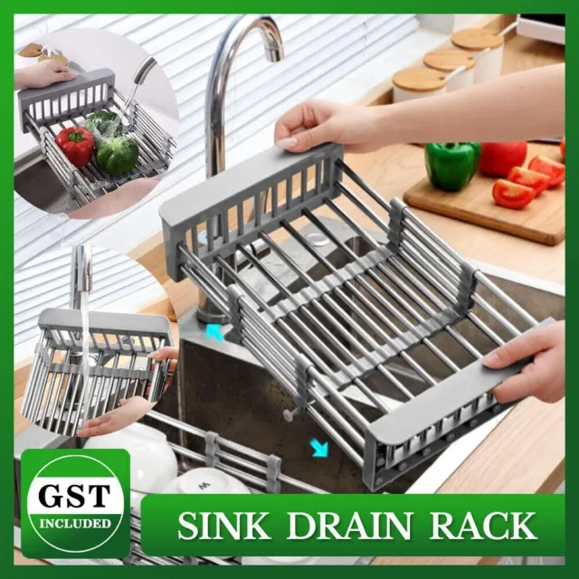 Stainless Steel Storage Sink Drain Basket Dish Drying Rack Kitchen Organizer NEW