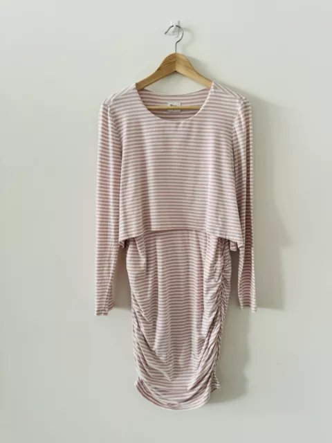 Bae The Label Maternity Nursing Dress Size M Pink White Stripe Long Sleeve