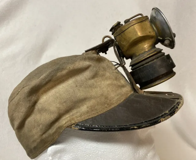 Antique Vintage Coal Miner Soft Hat Canvas Cap JUSTRITE Carbide Lamp