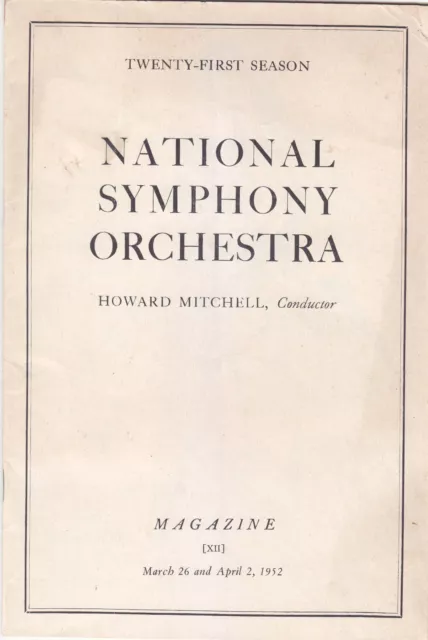 Concert Programme 1952 National Symphony Washington Artur Rubinstein Brahms 2