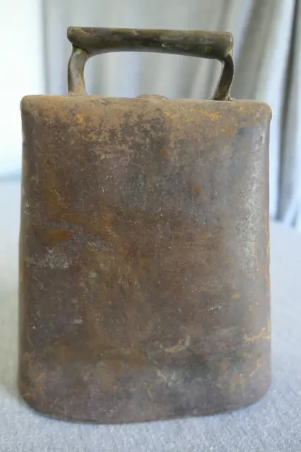 Hand Made Antique Primitive Riveted & Welded Steel Cow Bell w Clapper - 7.5" H