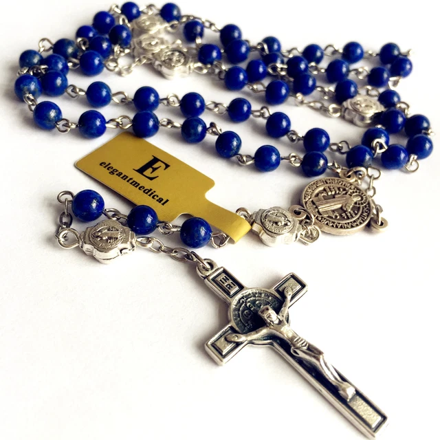 Natural Lapis lazuli beads Rosary & Italy ST.BENEDICT Cross Gift Necklace Box