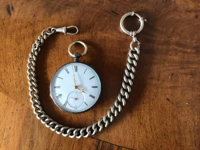 Sehr alte Taschenuhr mit Schlüsselaufzug und Uhrkette, Nickel