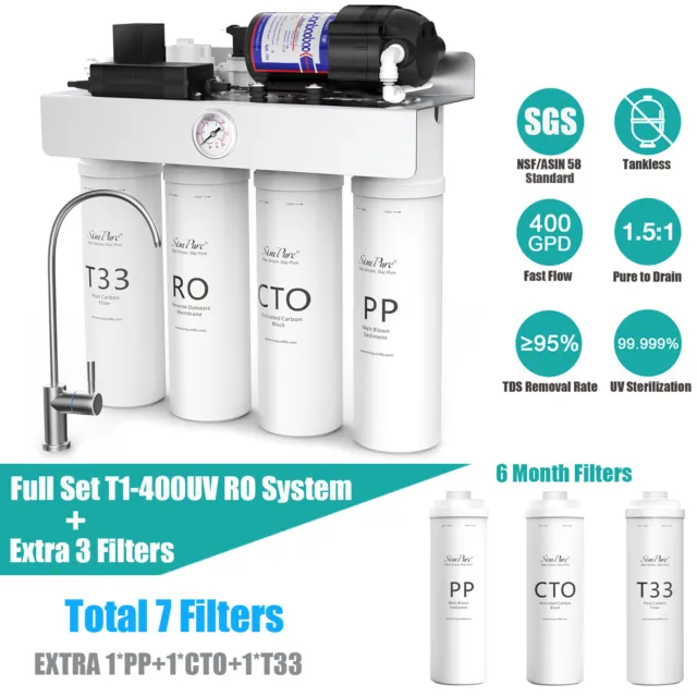 SimPure T1-400GPD 8 Stage UV Reverse Osmosis System Tankless+7 Water Filters NSF