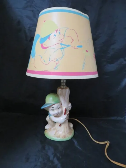 Vintage Porcelain Lamp with Shade Boy with Baseball Cap & SlingShot