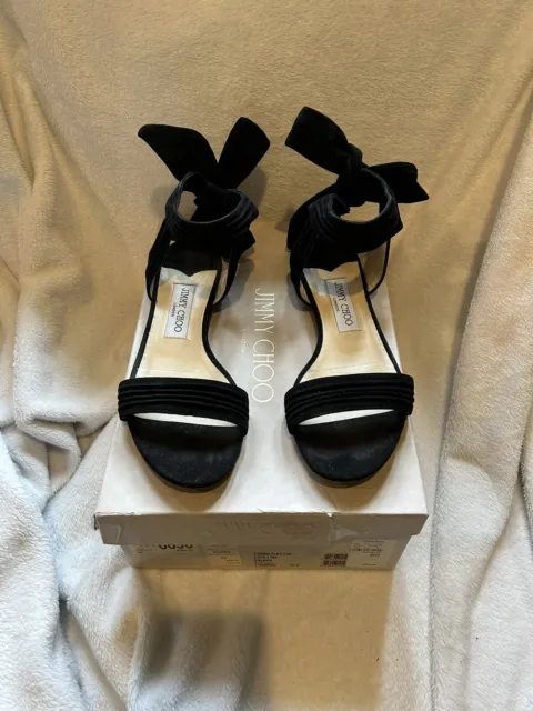 Jimmy Choo London Kora Flat Black Suede Bow-Tie Open-Toe Sandals Women's Size 8