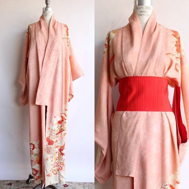 Vintage Kimono Robe with Obi / Silk Japanese Chu Furisode Pink, Flowers and Fans