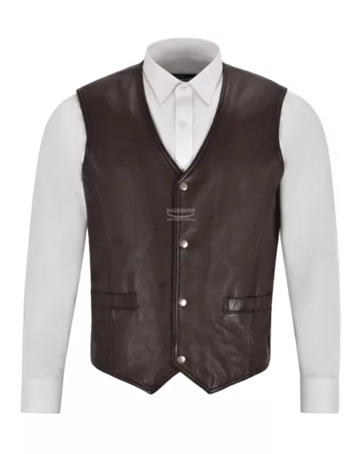 Mens Leather Waistcoat Gilet Formal Classic Brown Real Leather Biker Vest 1118