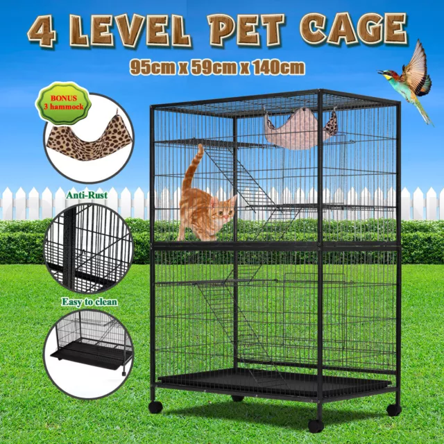 4 Level Pet Cage House 140cm Cat Hamster Rat Budgie Bird Parrot Aviary On Wheels