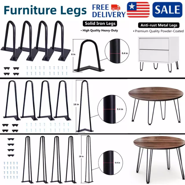 6"-28" Metal Furniture Legs Heavy Duty Hairpin Legs Coffee Table 4 Rods Set of 4