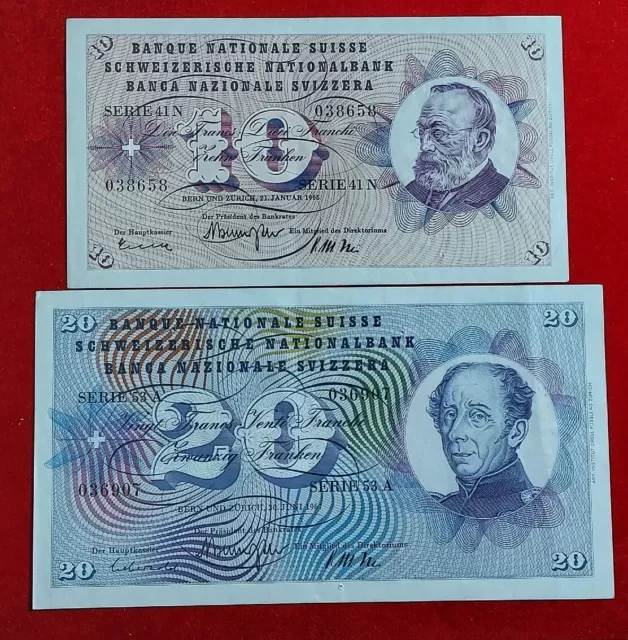 Switzerland- 2 Uncirculated  Banknotes - 1965 10 & 1967 20 Franc/Franken/Franchi
