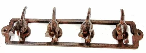 Cast Iron 4 Hook Dog Tail Key Coat Leash Collar Rack Pet Purse Towel Rustic