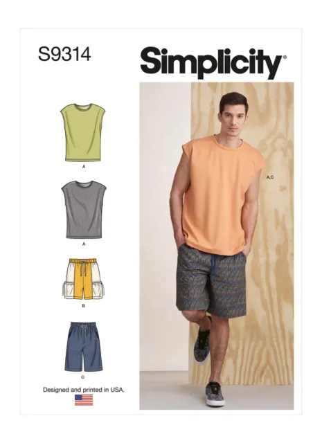 SIMPLICITY 9314 MEN'S KNIT TOPS & SHORTS Sewing Pattern Sizes XS - XL Size 30-48