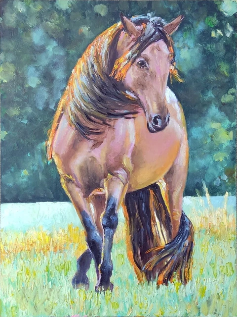 Caballo marrón Realista Original Mano Pinturas al óleo Animales arte 16 "х12"