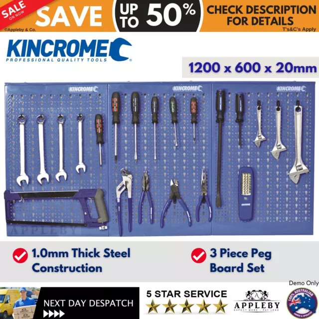 Kincrome 3 Pc Peg Board Set w/ 40 Hooks Steel Pegboard Tool Shed Garage Storage