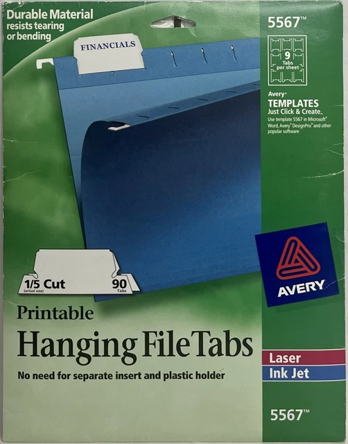 Avery 5567 Front View Hanging File Tabs - White - 90 Tabs - Laser/Inkjet - NEW