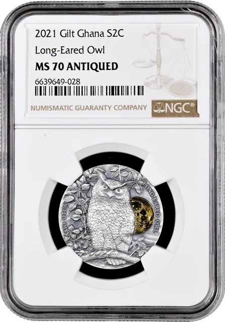 Ghana 2 cedis 2021, NGC MS70, "Wildlife in the Moonlight - Long-Eared Owl" Top