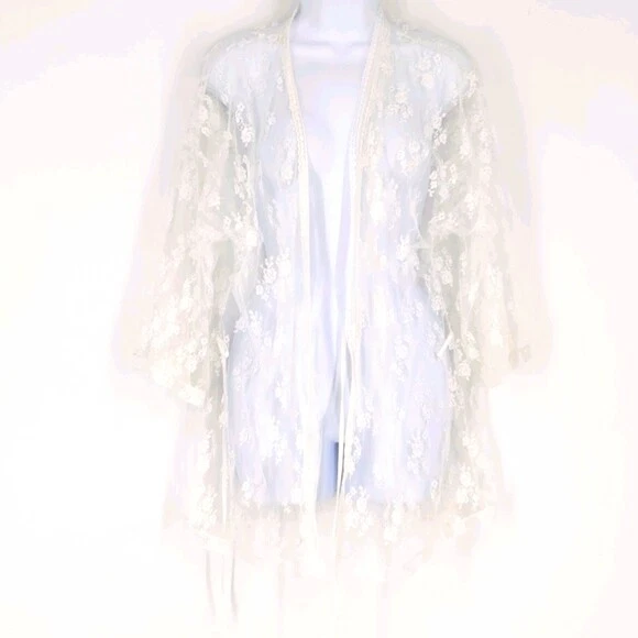 VINTAGE FREDERICKS OF Hollywood Sheer Bed Jacket White Lace Robe Medium