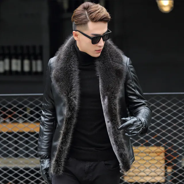 Genuine Winter Leather Jacket Men Big Raccoon Fur Collar Fleece Fur Lined Coat