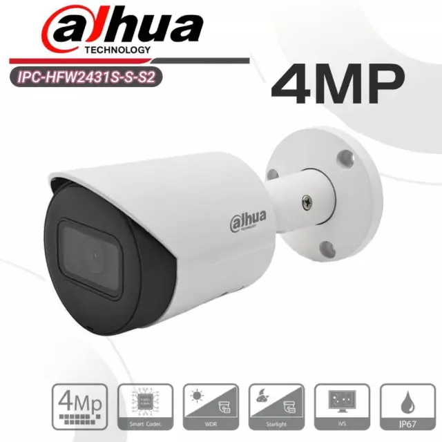 Dahua IPC-HFW2431S-S-S2 4MP Starlight H.265 Bullet IR IP Camera Outdoor 2.8mm