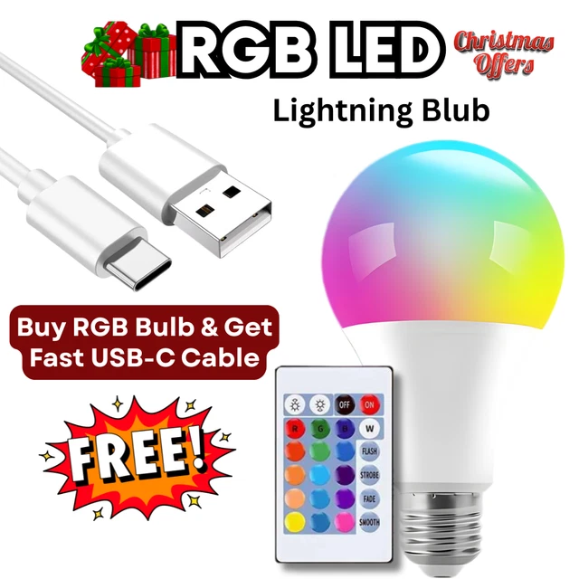 LIGHTNING RGB LED Bulb Light 16 Colour Changing Remote Control E27 ...